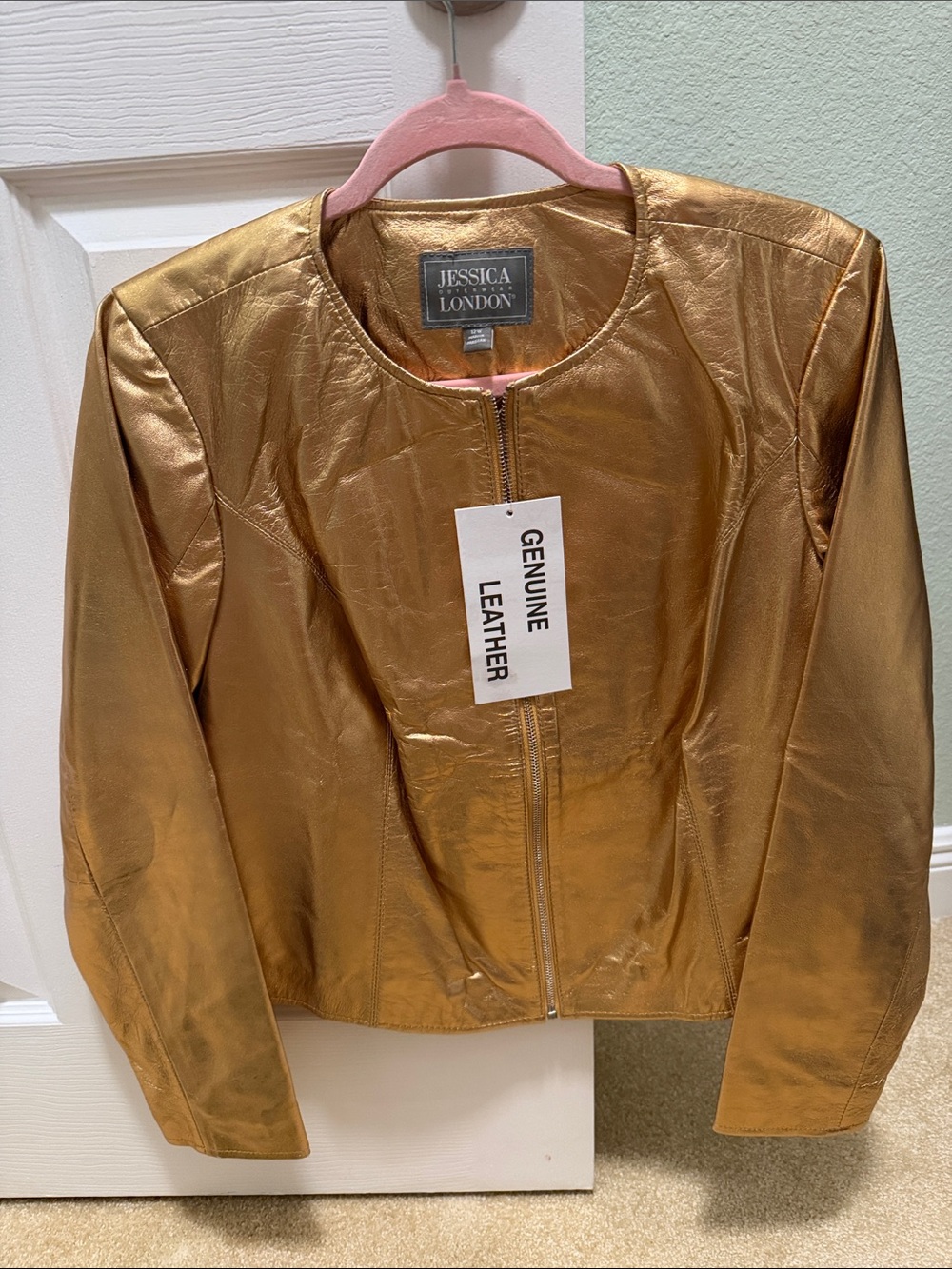 Jessica London Metallic Gold Leather Zip-Front Jacket
